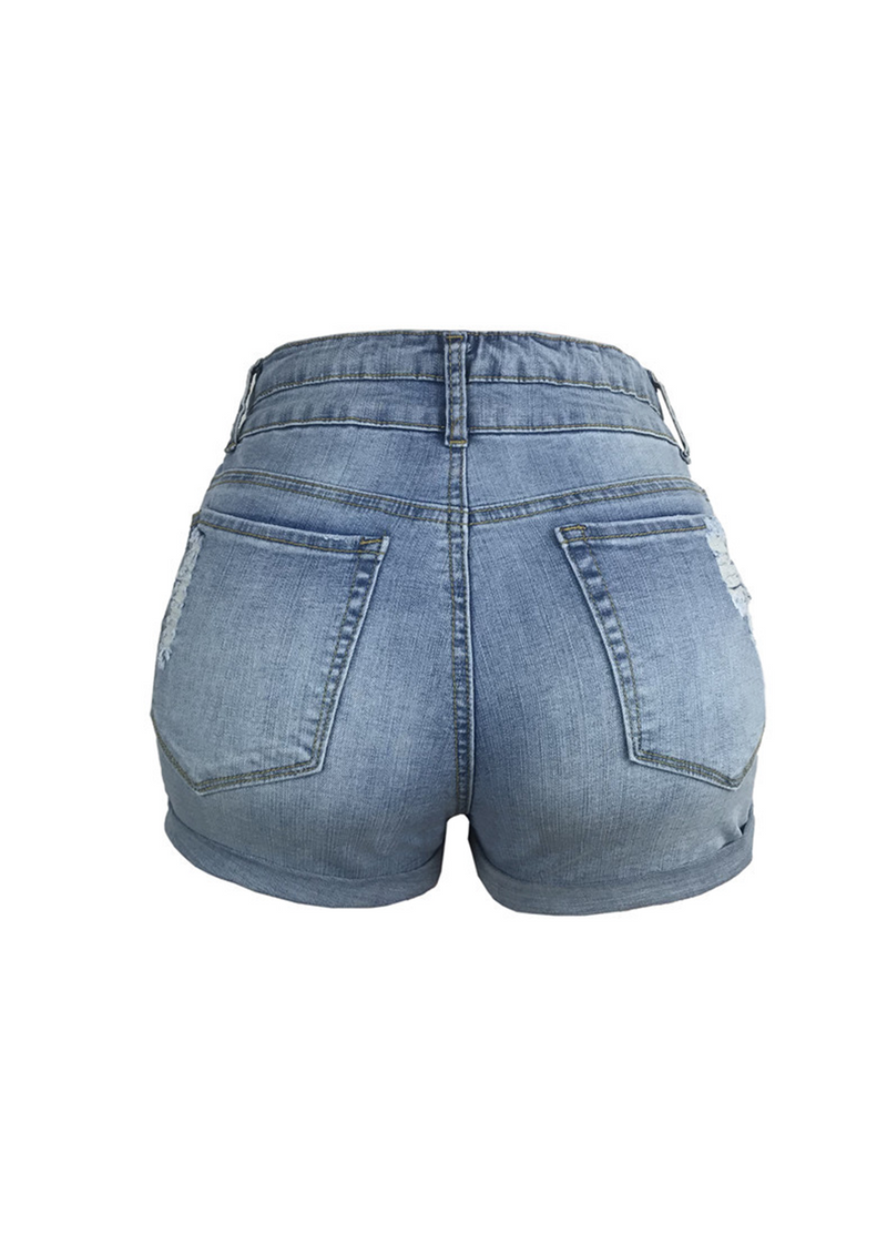 SALAZIA High-Waisted Stretchy Denim Shorts with Distressing and Cuffed Hems