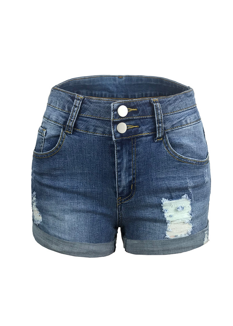 SALAZIA High-Waisted Stretchy Denim Shorts with Distressing and Cuffed Hems