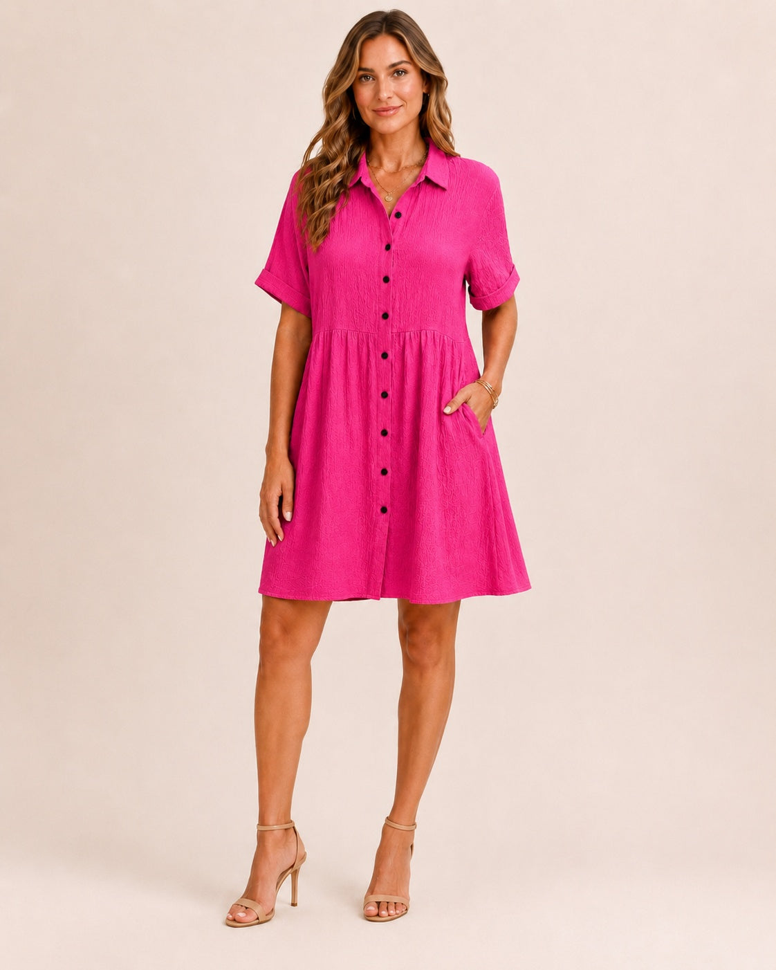 SALAZIA Babydoll Button-Front Short Sleeve Swing Dresses