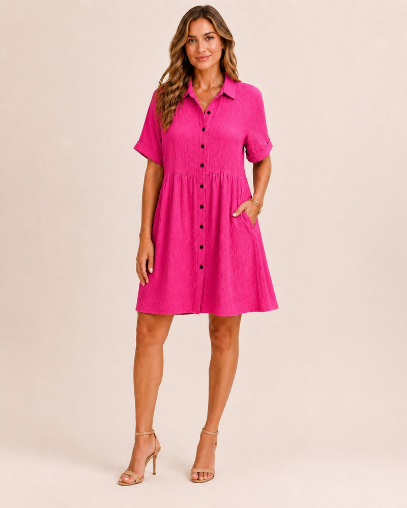SALAZIA Babydoll Button-Front Short Sleeve Swing Dresses
