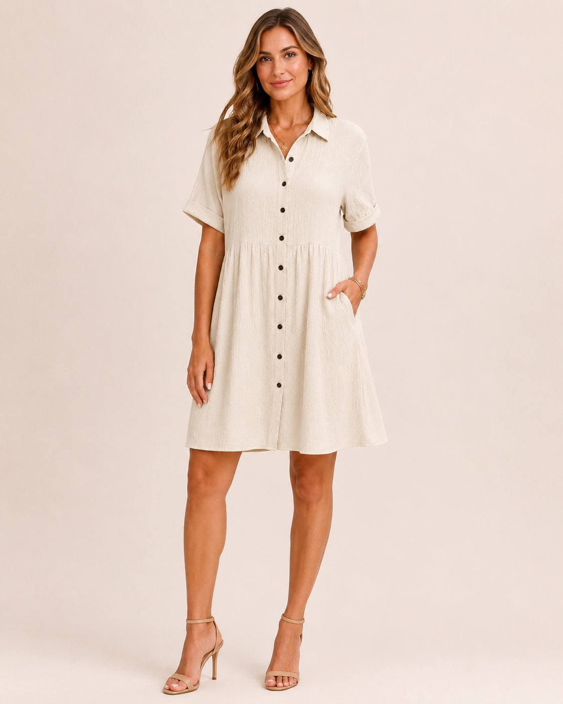 SALAZIA Babydoll Button-Front Short Sleeve Swing Dresses