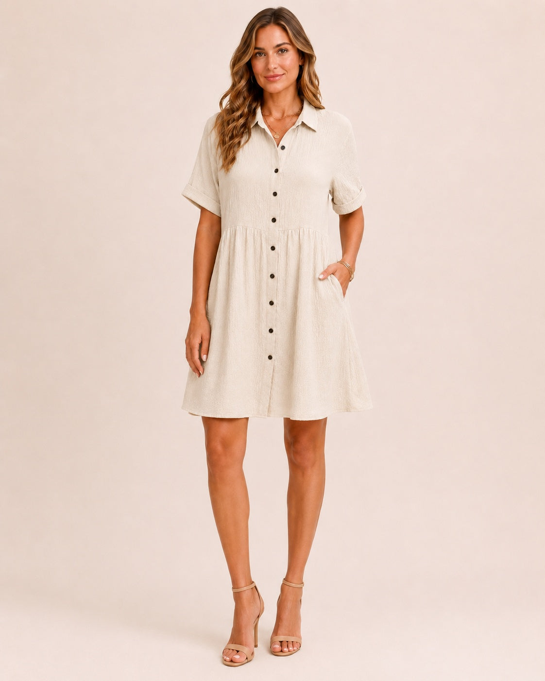 SALAZIA Babydoll Button-Front Short Sleeve Swing Dresses