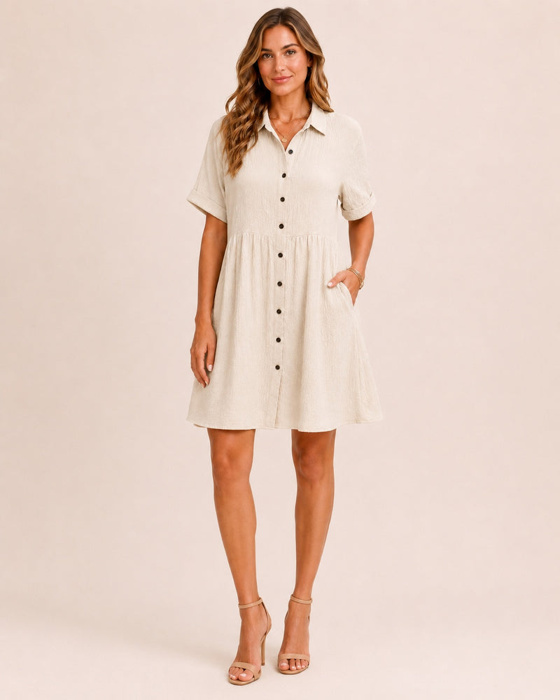 SALAZIA Babydoll Button-Front Short Sleeve Swing Dresses