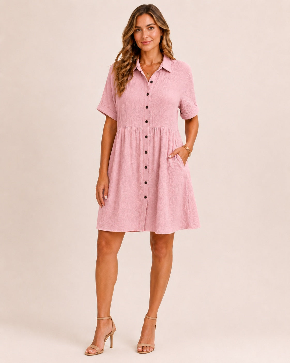 SALAZIA Babydoll Button-Front Short Sleeve Swing Dresses
