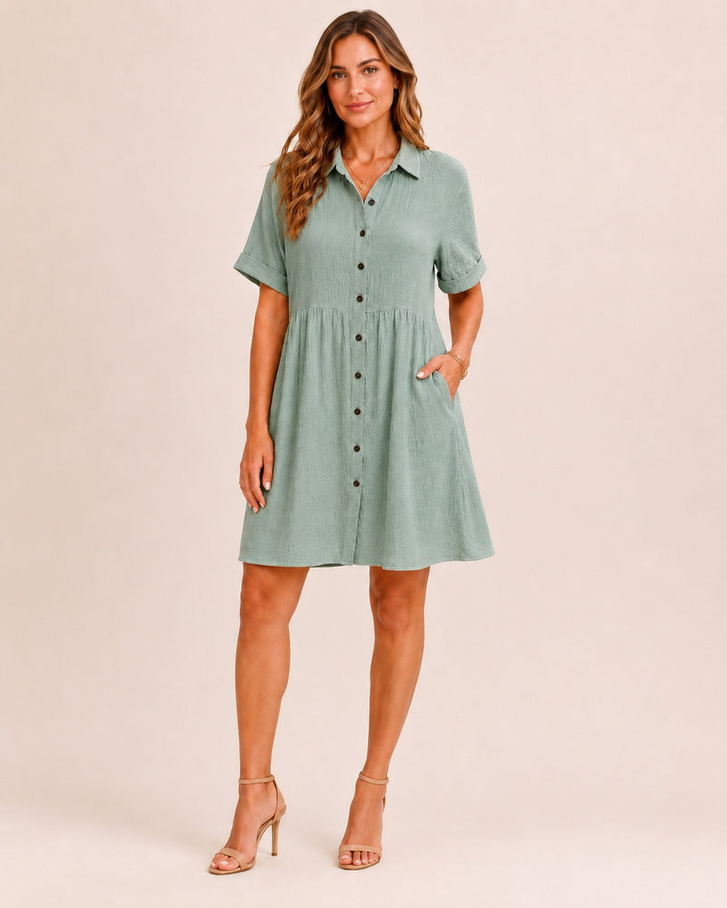 SALAZIA Babydoll Button-Front Short Sleeve Swing Dresses