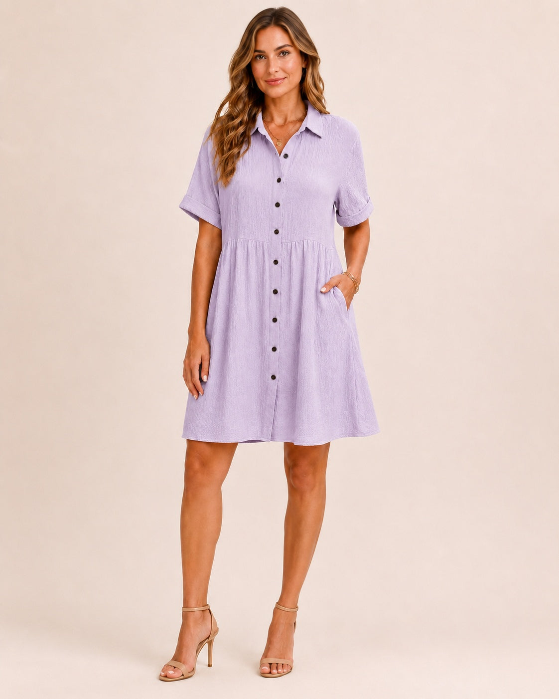 SALAZIA Babydoll Button-Front Short Sleeve Swing Dresses