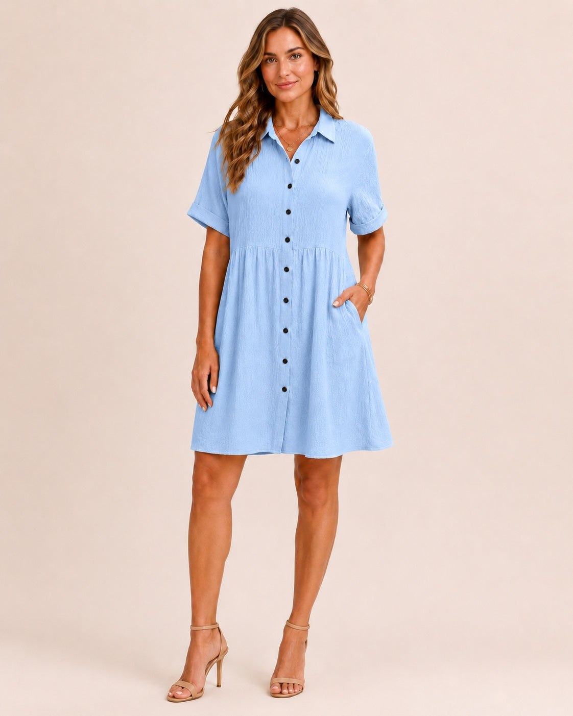 SALAZIA Babydoll Button-Front Short Sleeve Swing Dresses