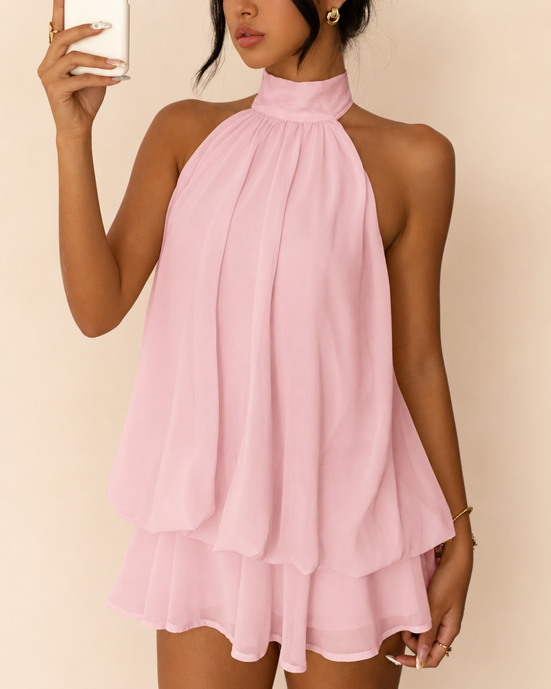 SALAZIA Women's Solid Halter Backless Ruffle Dresses