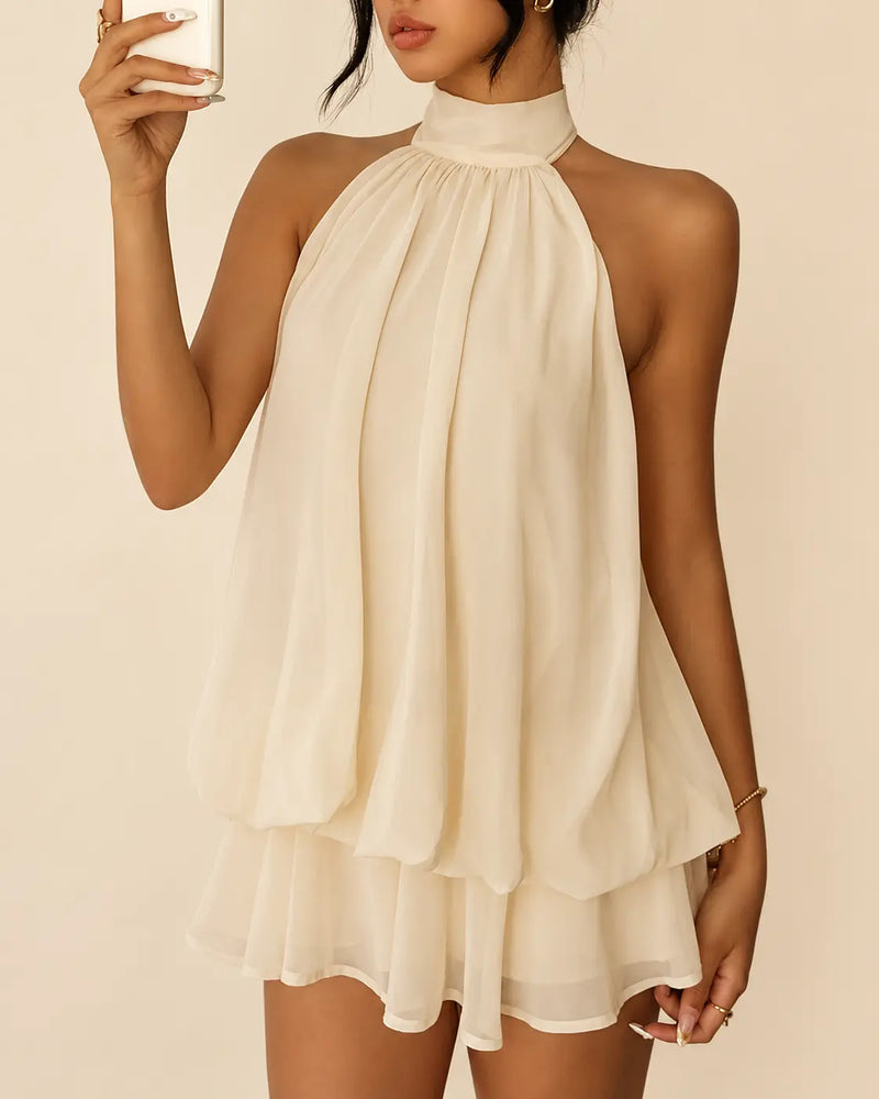 SALAZIA Women's Solid Halter Backless Ruffle Dresses