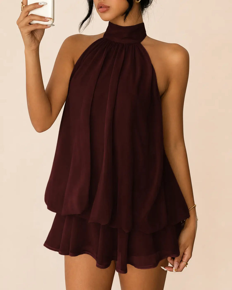 SALAZIA Women's Solid Halter Backless Ruffle Dresses