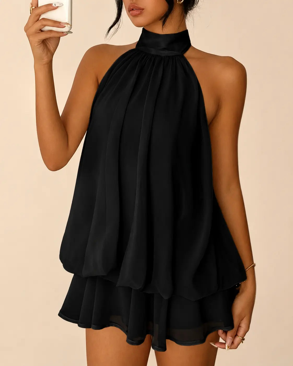 SALAZIA Women's Solid Halter Backless Ruffle Dresses