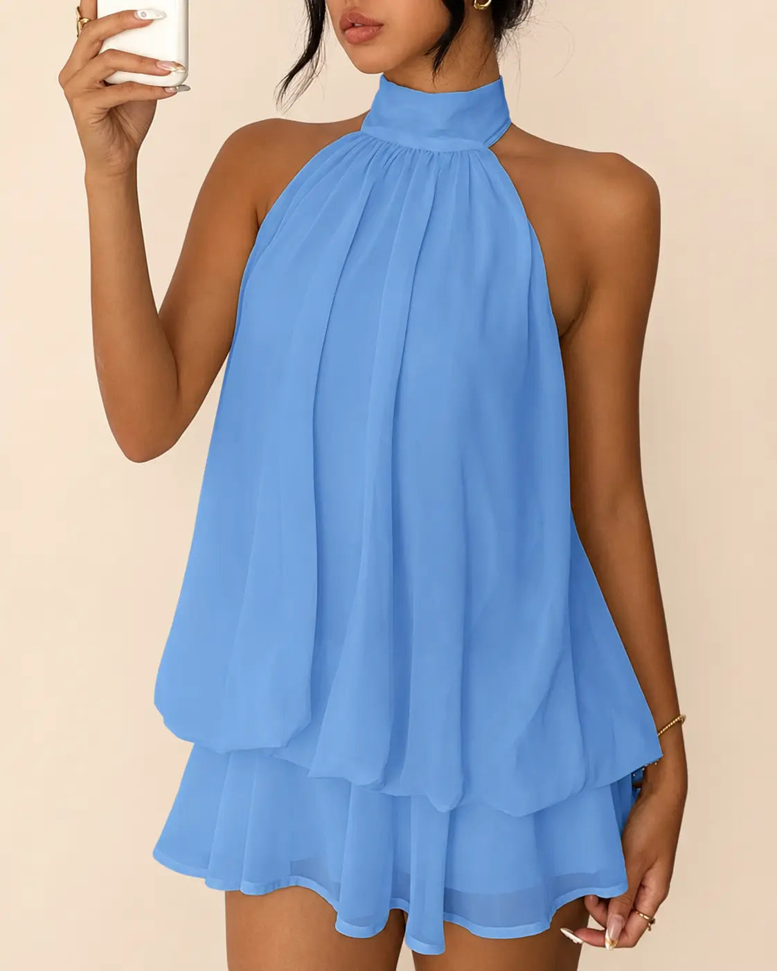 SALAZIA Women's Solid Halter Backless Ruffle Dresses