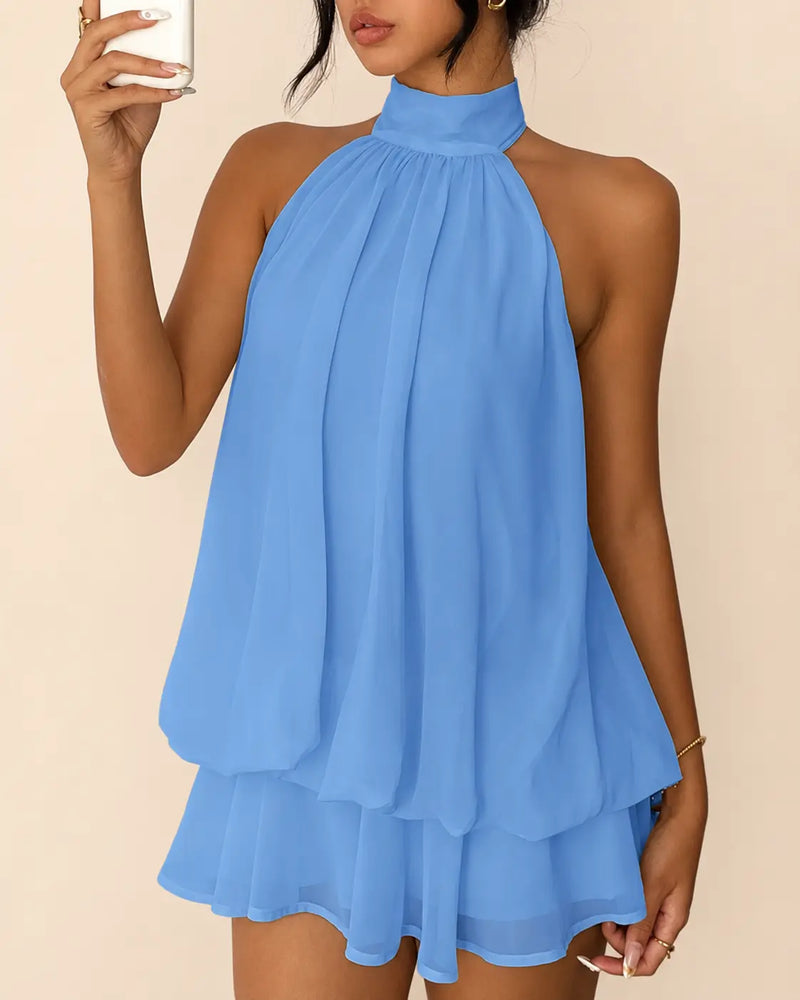 SALAZIA Women's Solid Halter Backless Ruffle Dresses