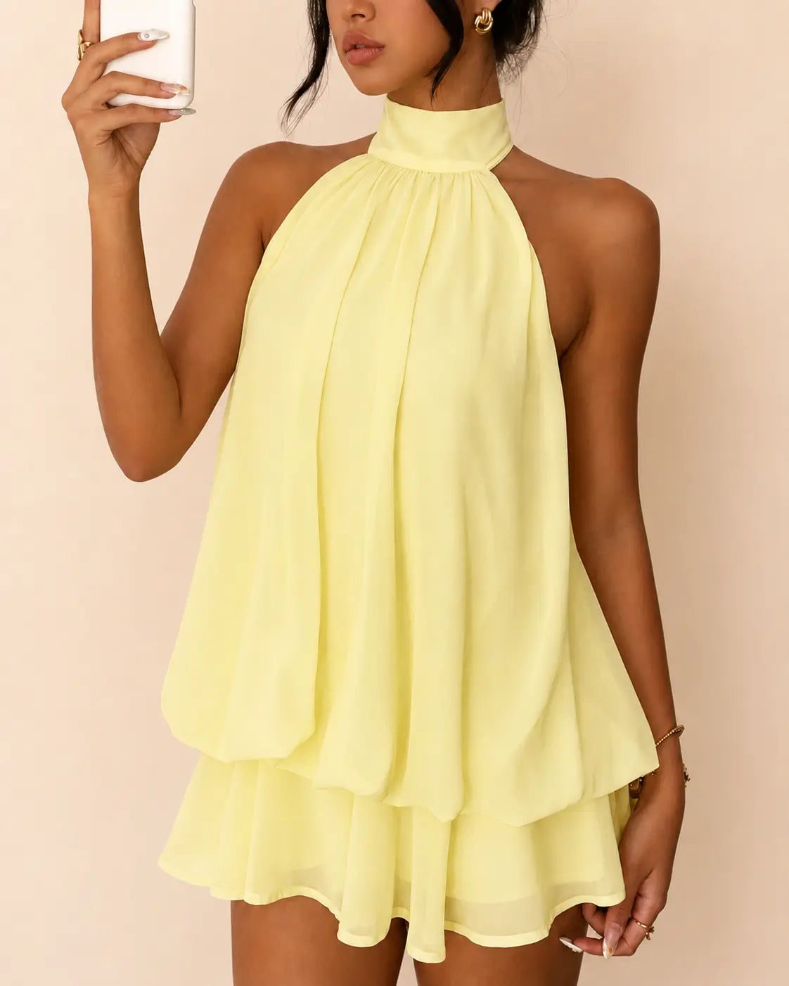 SALAZIA Women's Solid Halter Backless Ruffle Dresses