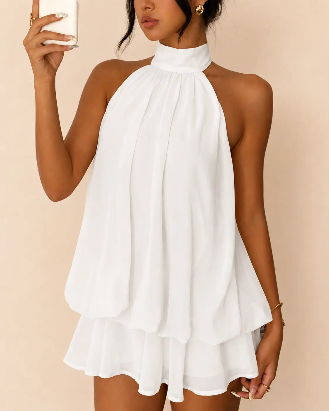 SALAZIA Women's Solid Halter Backless Ruffle Dresses