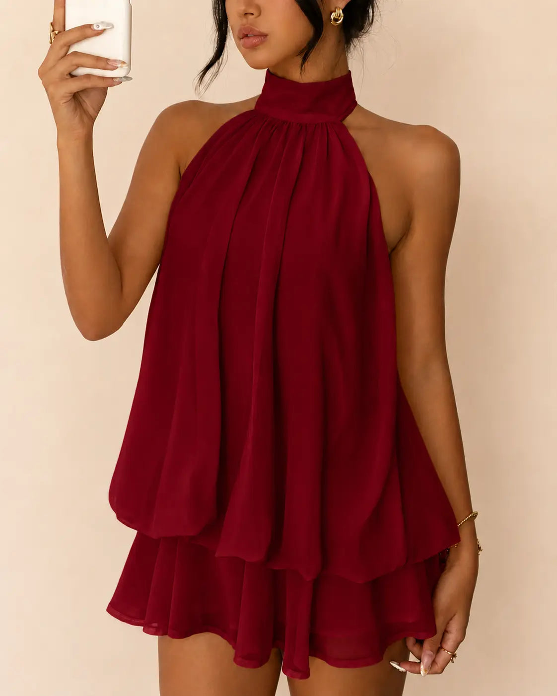 SALAZIA Women's Solid Halter Backless Ruffle Dresses