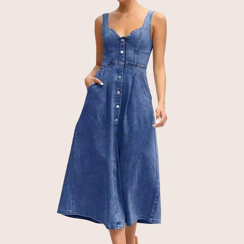 SALAZIA Sleeveless Denim Midi Slim-Fit Dresses
