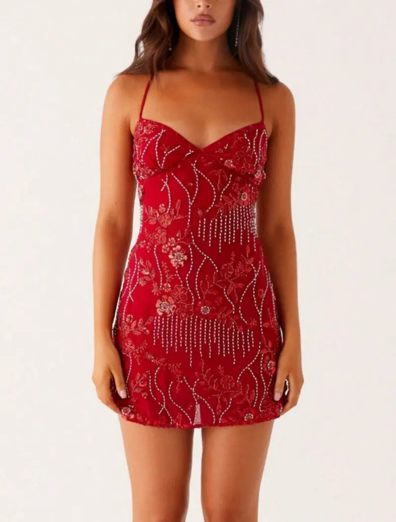SALAZIA Women's Y2K-Style Floral Sequin Camisole Mini Dresses