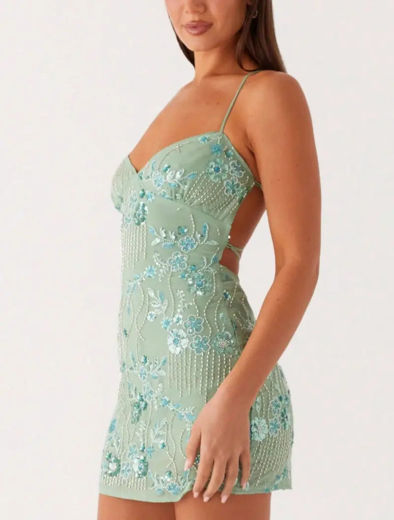 SALAZIA Women's Y2K-Style Floral Sequin Camisole Mini Dresses
