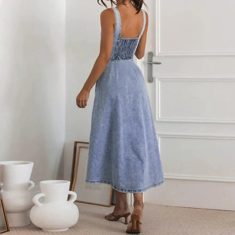 SALAZIA Sleeveless Denim Midi Slim-Fit Dresses