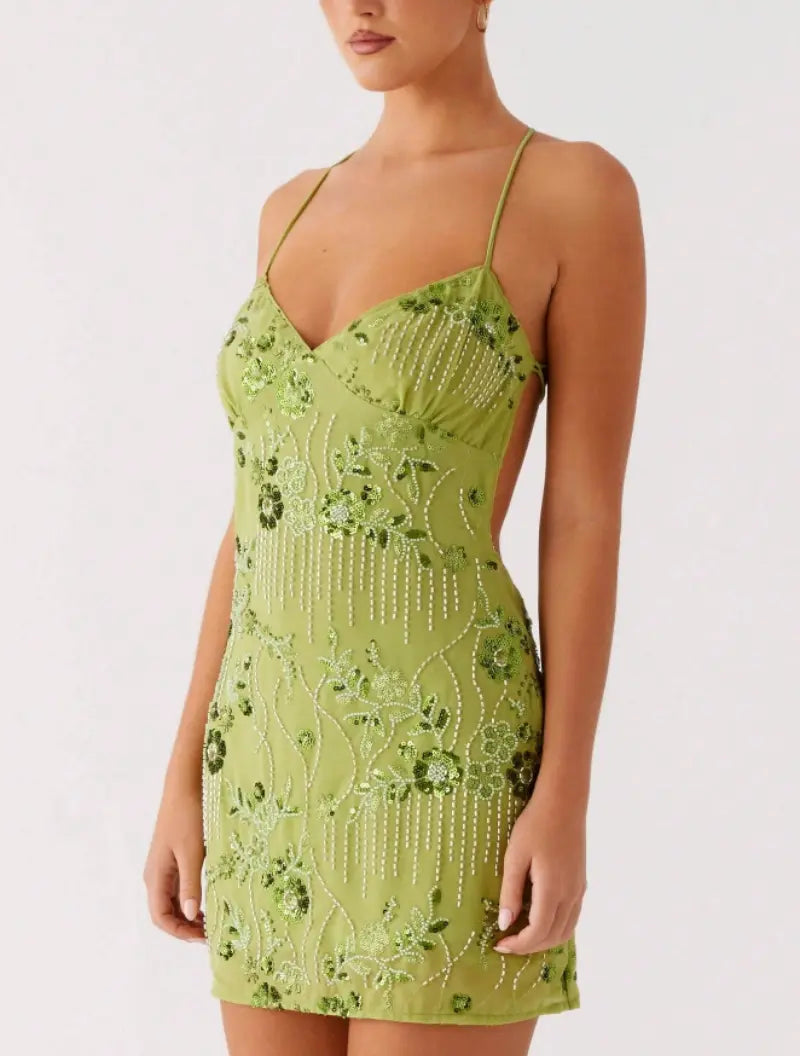 SALAZIA Women's Y2K-Style Floral Sequin Camisole Mini Dresses