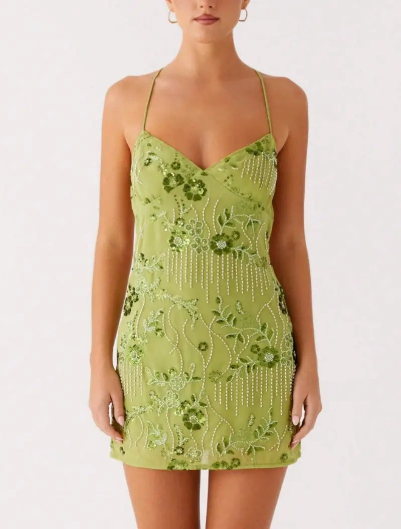 SALAZIA Women's Y2K-Style Floral Sequin Camisole Mini Dresses