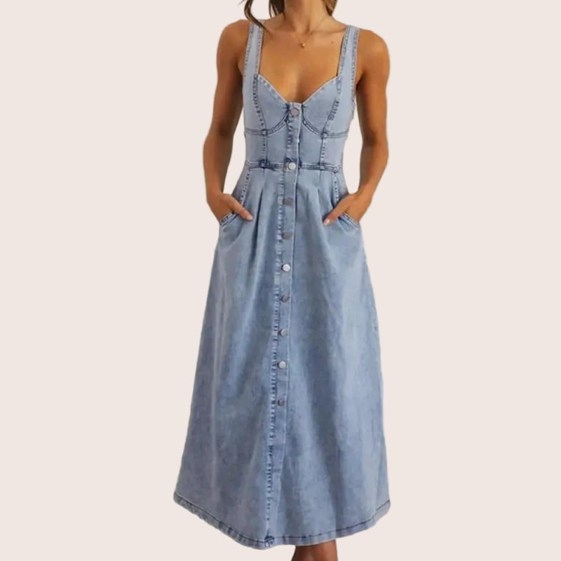 SALAZIA Sleeveless Denim Midi Slim-Fit Dresses