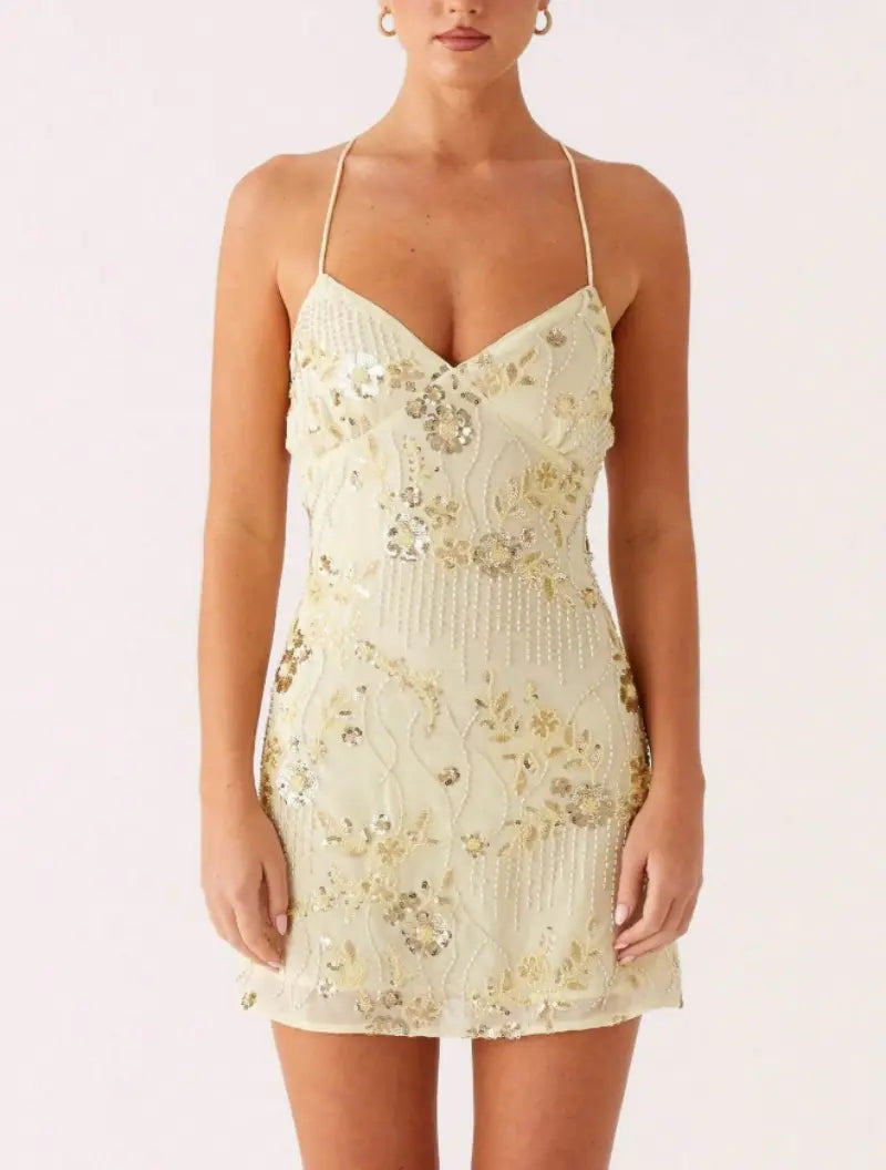 SALAZIA Women's Y2K-Style Floral Sequin Camisole Mini Dresses