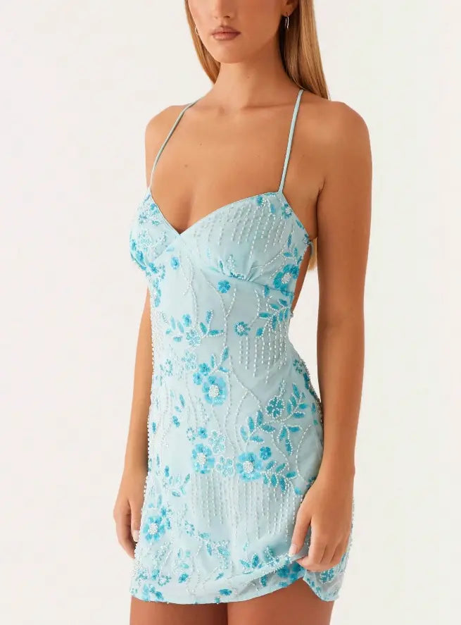 SALAZIA Women's Y2K-Style Floral Sequin Camisole Mini Dresses