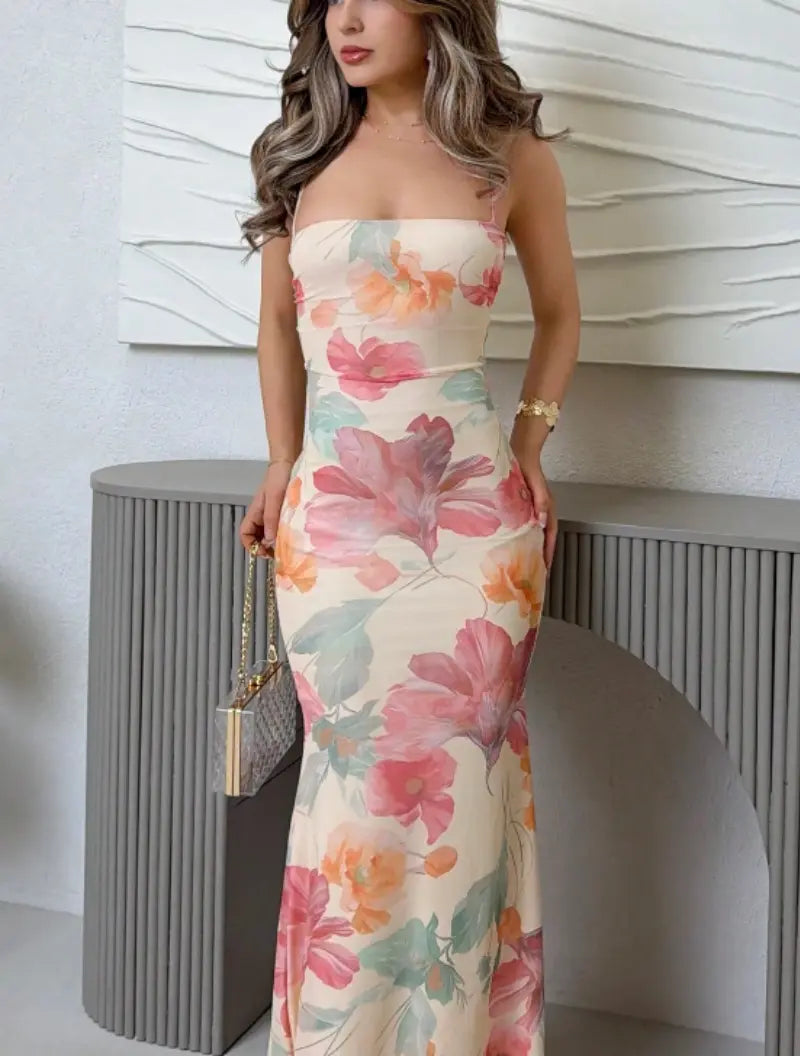 SALAZIA White Floral Backless Beach Wedding Summer Vacation Dresses