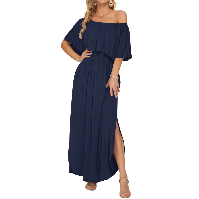 SALAZIA Plus Size Off-Shoulder Ruffle Maxi with Pockets for Beach Wedding Dresses