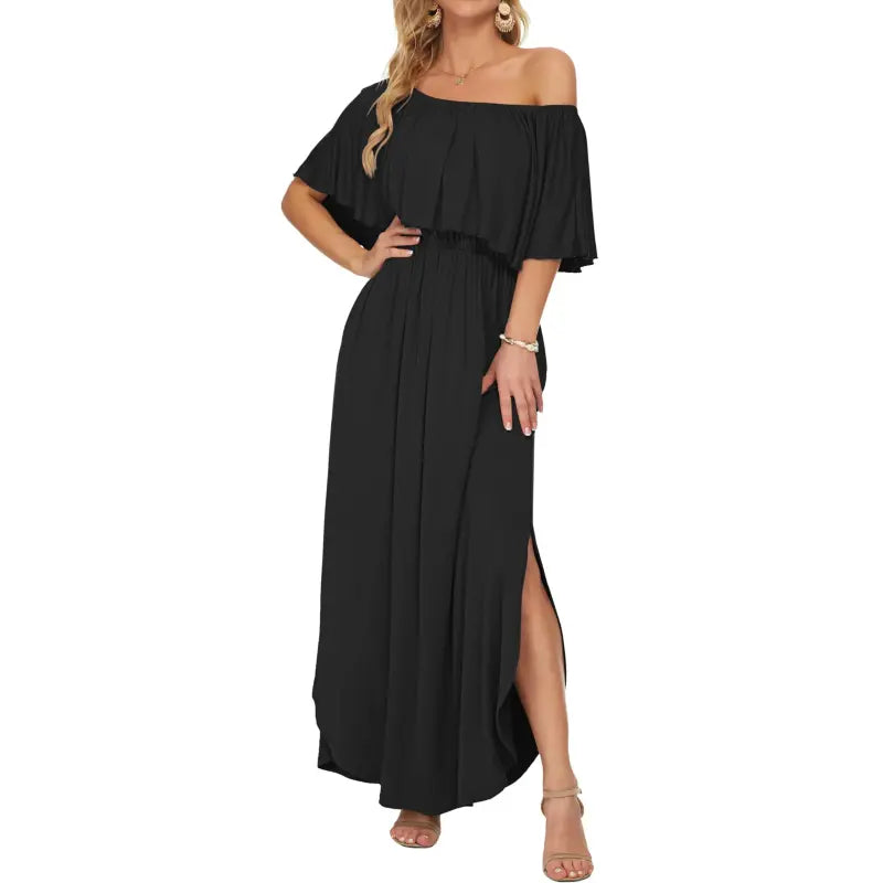 SALAZIA Plus Size Off-Shoulder Ruffle Maxi with Pockets for Beach Wedding Dresses