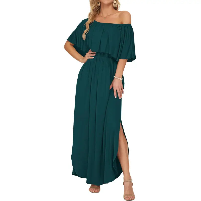 SALAZIA Plus Size Off-Shoulder Ruffle Maxi with Pockets for Beach Wedding Dresses