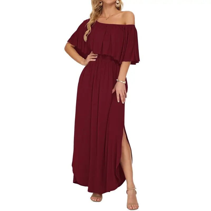 SALAZIA Plus Size Off-Shoulder Ruffle Maxi with Pockets for Beach Wedding Dresses