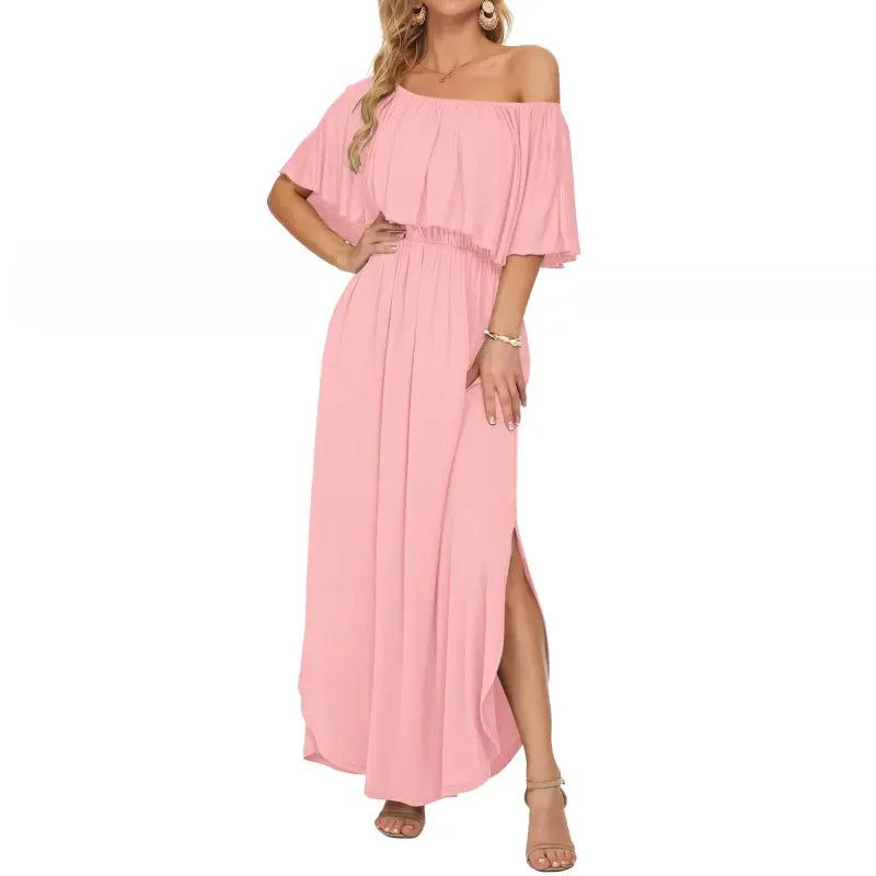 SALAZIA Plus Size Off-Shoulder Ruffle Maxi with Pockets for Beach Wedding Dresses