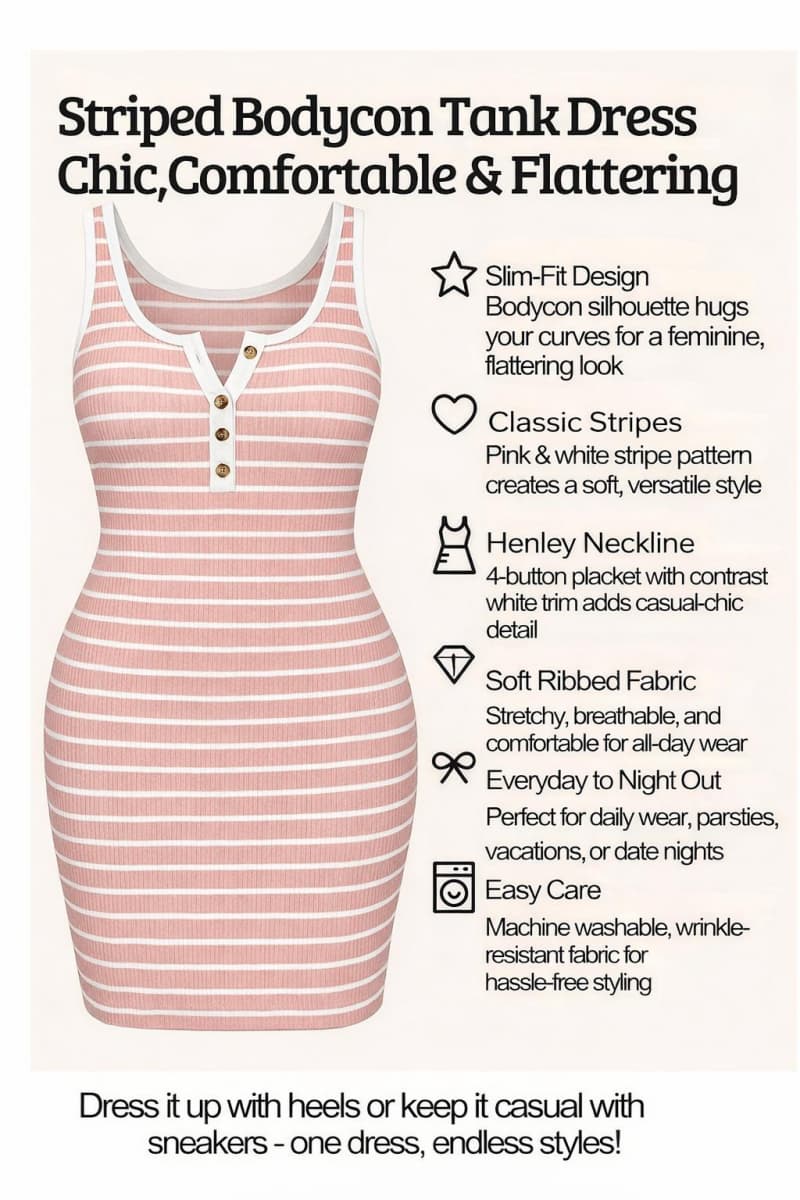 SALAZIA Women's Ribbed Knit Bodycon Striped Sleeveless V-Neck Summer Dresses