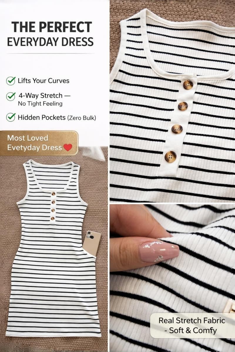 SALAZIA Women's Ribbed Knit Bodycon Striped Sleeveless V-Neck Summer Dresses