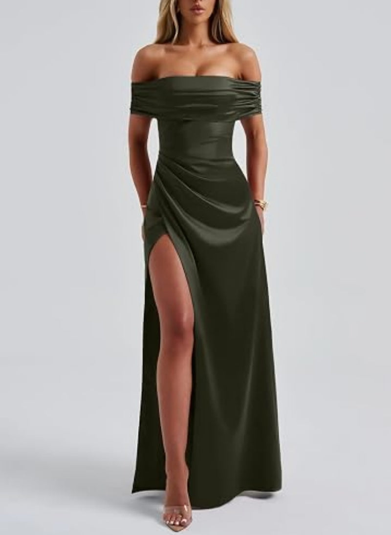 SALAZIA Women's Elegant Off-Shoulder High Split Bodycon Dresses