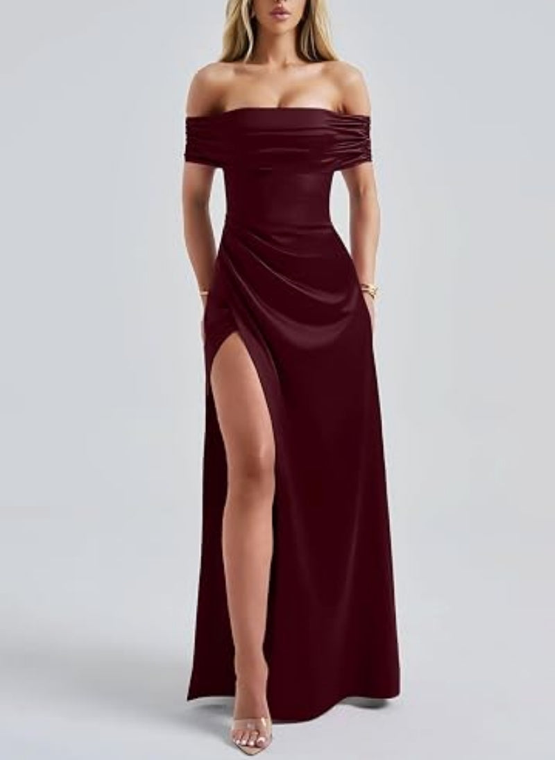 SALAZIA Women's Elegant Off-Shoulder High Split Bodycon Dresses