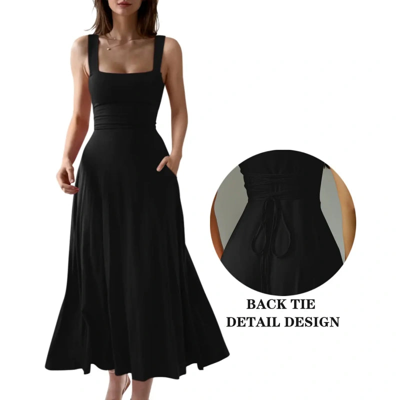 SALAZIA Women's Casual Sleeveless Square Neck A-Line Long Dresses