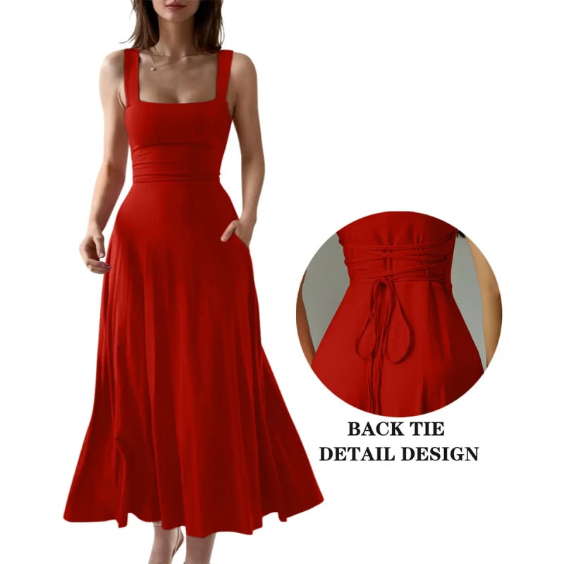 SALAZIA Women's Casual Sleeveless Square Neck A-Line Long Dresses