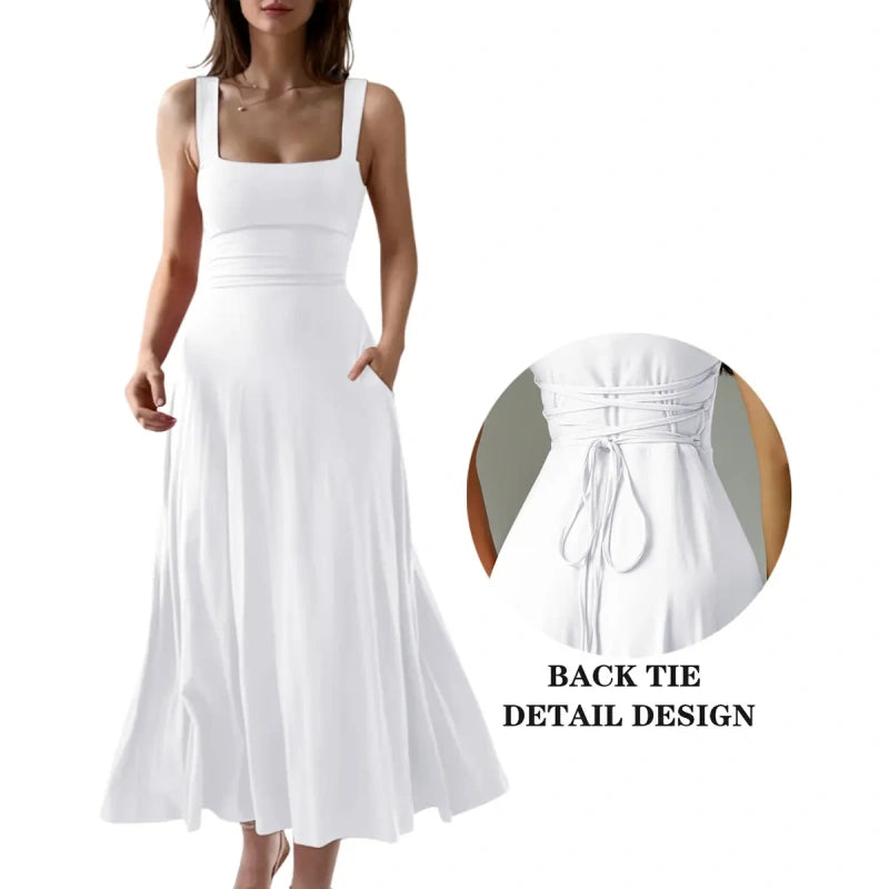 SALAZIA Women's Casual Sleeveless Square Neck A-Line Long Dresses