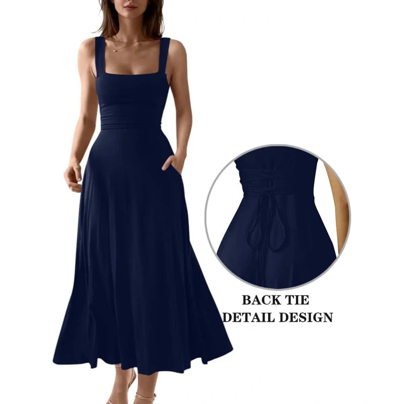 SALAZIA Women's Casual Sleeveless Square Neck A-Line Long Dresses