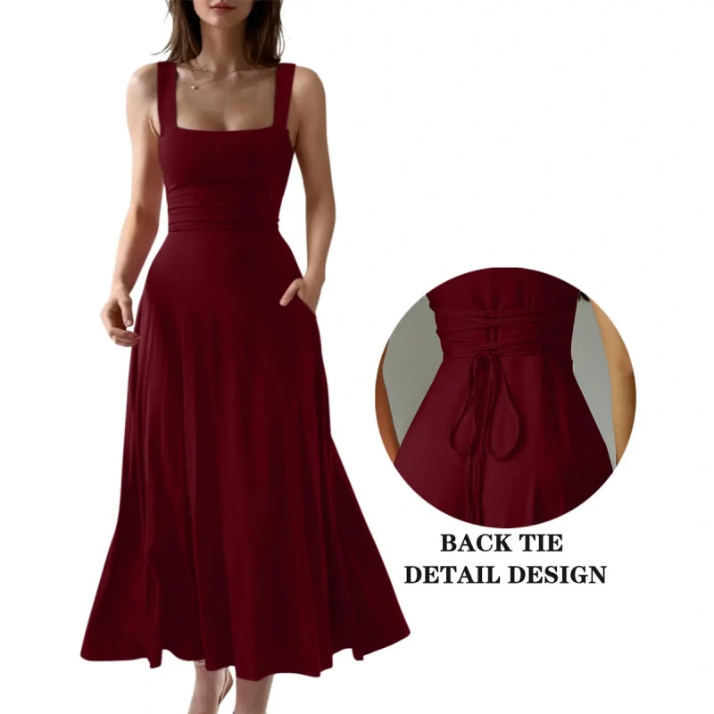 SALAZIA Women's Casual Sleeveless Square Neck A-Line Long Dresses