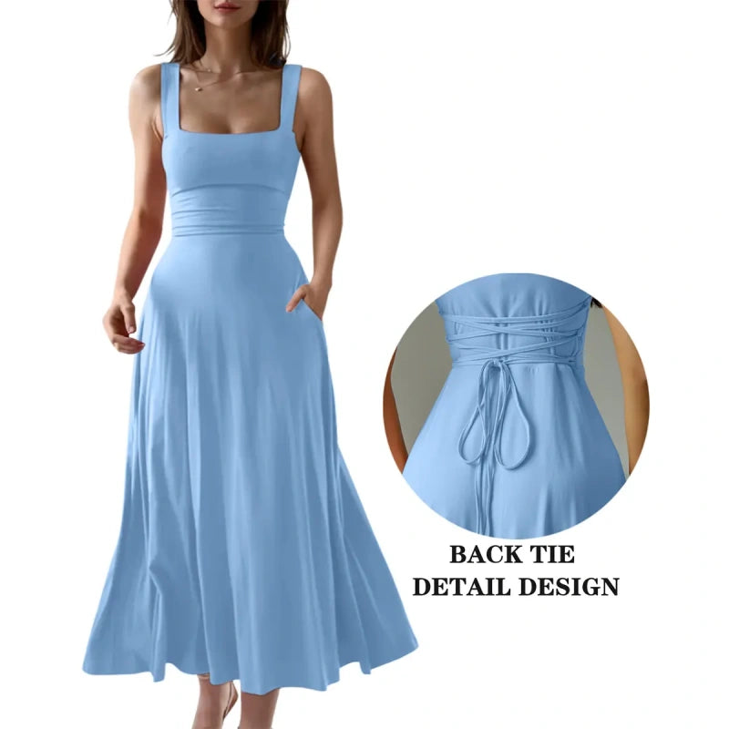 SALAZIA Women's Casual Sleeveless Square Neck A-Line Long Dresses