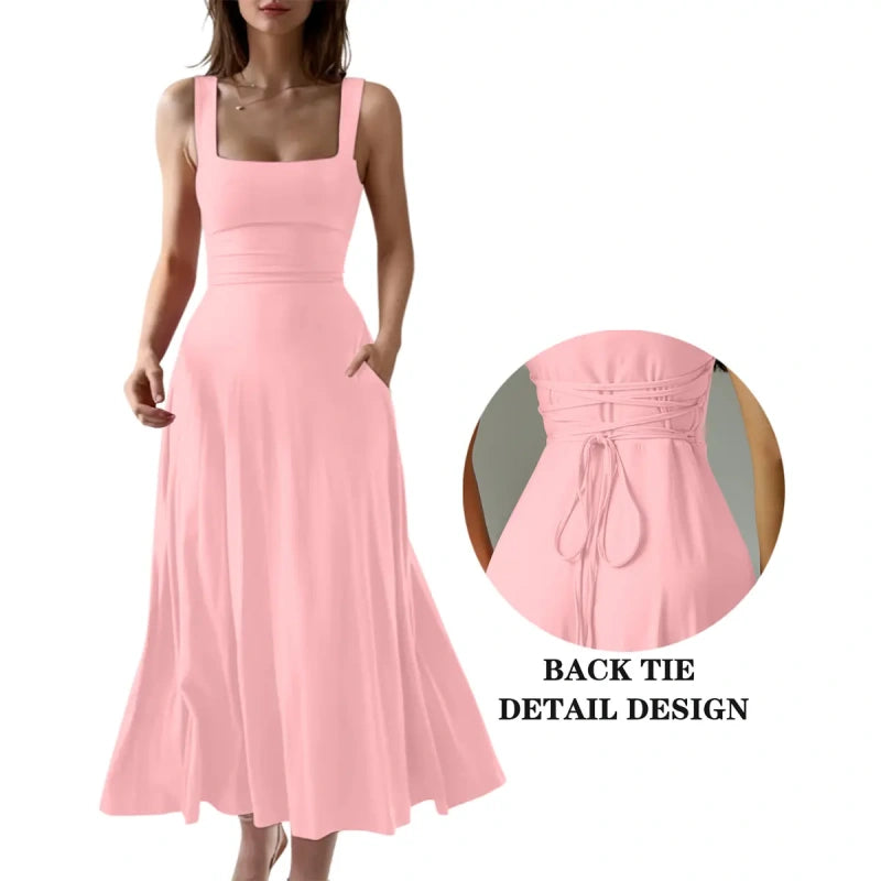 SALAZIA Women's Casual Sleeveless Square Neck A-Line Long Dresses