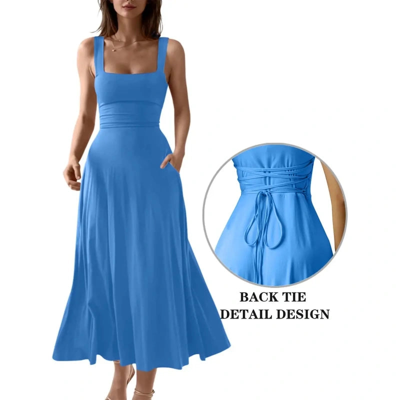 SALAZIA Women's Casual Sleeveless Square Neck A-Line Long Dresses