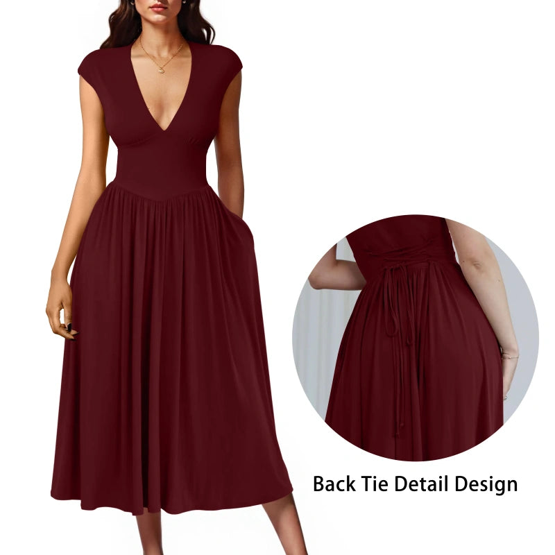 SALAZIA Deep V-Neck Cap Sleeve Pleated A-Line Midi Dresses