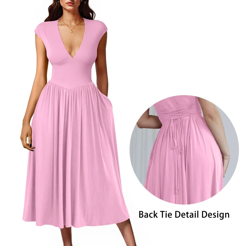 SALAZIA Deep V-Neck Cap Sleeve Pleated A-Line Midi Dresses