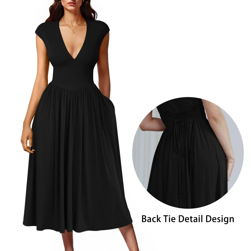 SALAZIA Deep V-Neck Cap Sleeve Pleated A-Line Midi Dresses